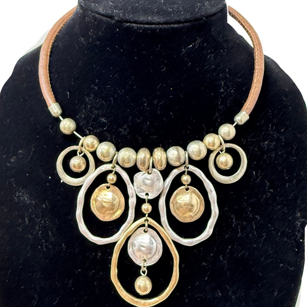 Women's Bib Necklace Gold Silver Tone Mixed Metal Disc Pendents Brown Leather